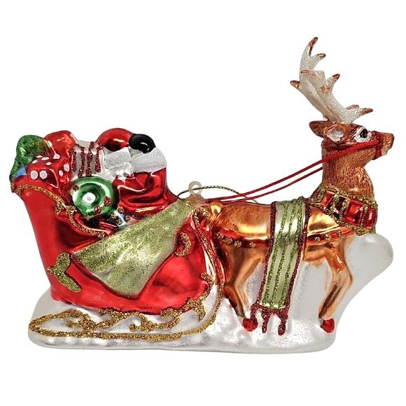 Festive Santa and Reindeer Sleigh Hand Blown Glass Christmas Ornament Glitter - Picture 3 of 5